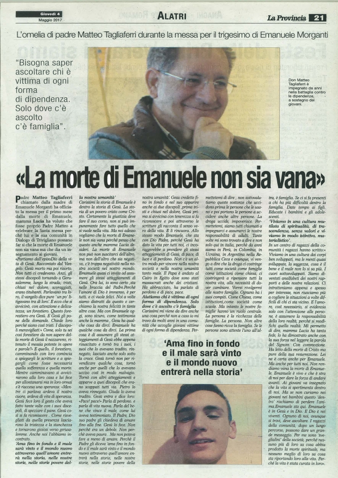 La Provincia pubblica l'omelia di p.Matteo: "La morte di Emanuele non sia vana!" - Comunità in Dialogo onlus
